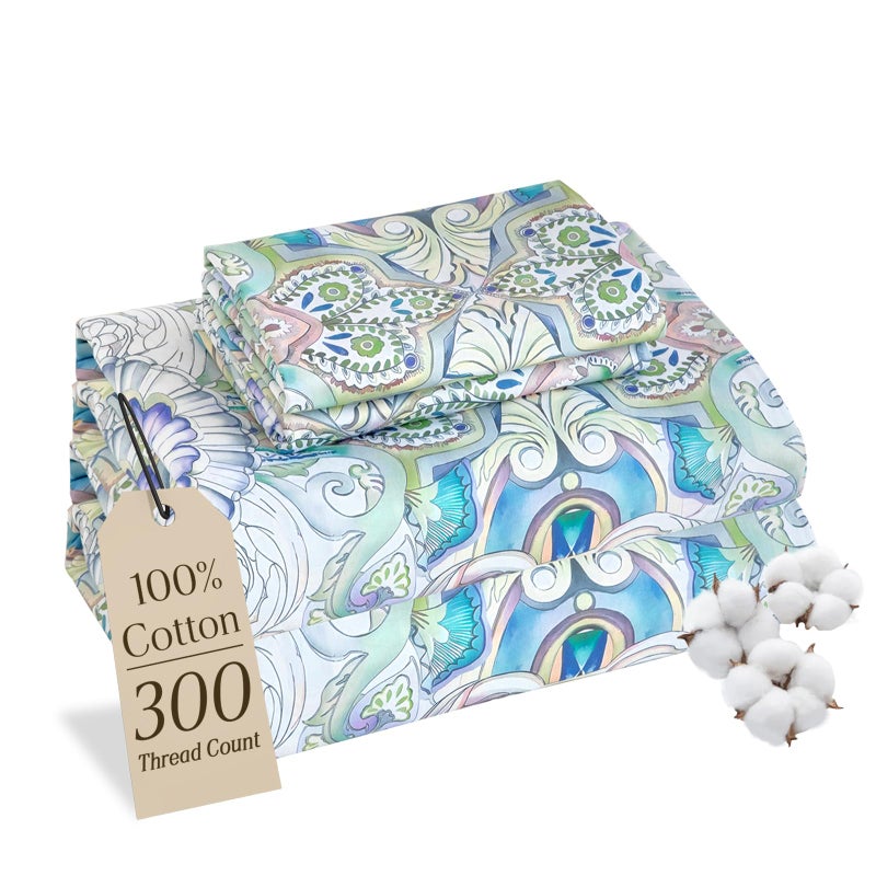 M&Co MCO 100% Cotton Sheet Set Floral Printed, 300 Thread Count Cotton Queen Sheet Set, 16" Deep Pocket, Breathable Cooling Sheets 4 Pieces (Queen, Paisley) - Image 1