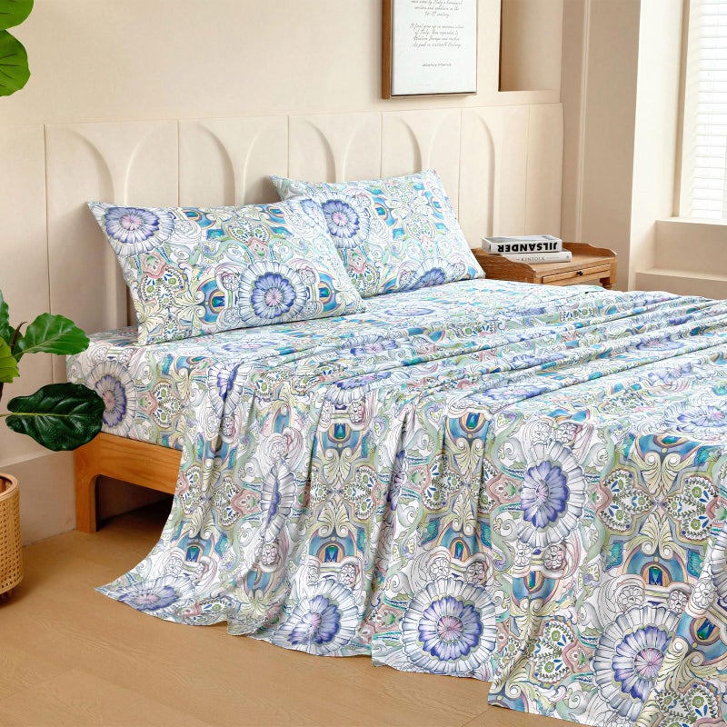M&Co MCO 100% Cotton Sheet Set Floral Printed, 300 Thread Count Cotton Queen Sheet Set, 16" Deep Pocket, Breathable Cooling Sheets 4 Pieces (Queen, Paisley) - Image 2