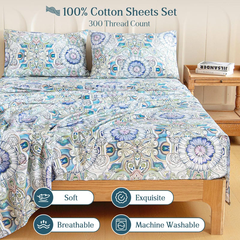 M&Co MCO 100% Cotton Sheet Set Floral Printed, 300 Thread Count Cotton Queen Sheet Set, 16" Deep Pocket, Breathable Cooling Sheets 4 Pieces (Queen, Paisley) - Image 3