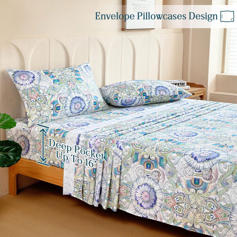M&Co MCO 100% Cotton Sheet Set Floral Printed, 300 Thread Count Cotton Queen Sheet Set, 16" Deep Pocket, Breathable Cooling Sheets 4 Pieces (Queen, Paisley) - Image 4