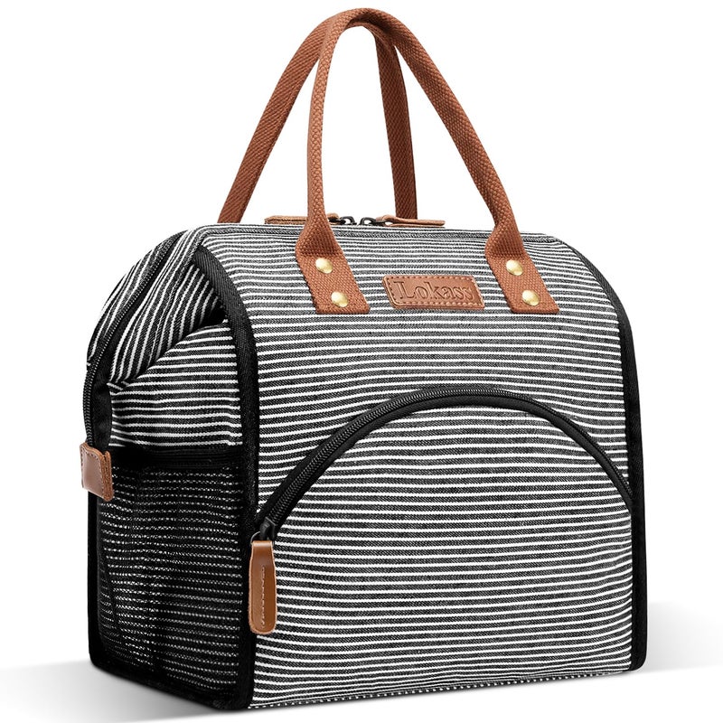 LOKASS Lunch Bag Insulated Lunch Box WideOpen Lunch Tote Bag Large Drinks Holder Durable Canvas Thermal Snack Organizer for Women Men Adults Work Picnic Hiking Beach FishingStripes