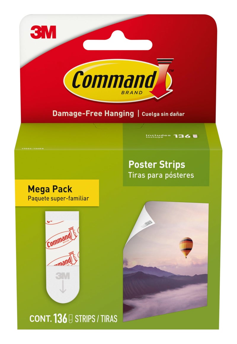 Command Poster Strips Mega Pack, 136 Strips Damage-Free Poster Hangers, No Tools Requried, Great for Home, Room, Wall, Office, and Dorm Decor, White Adhesive - Image 1