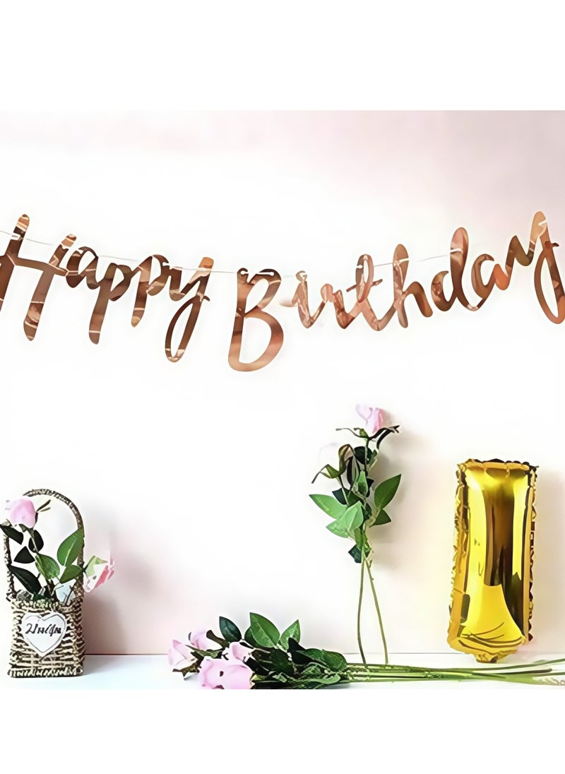 Generic - Happy Birthday Cardstock Rose Gold Pack Of  Banner Party Decoration Item With Ribbon Girl Princess Theme Bunting - 10cm - Image 1