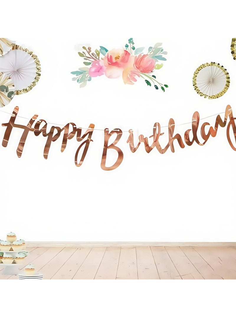 Generic - Happy Birthday Cardstock Rose Gold Pack Of  Banner Party Decoration Item With Ribbon Girl Princess Theme Bunting - 10cm - Image 1