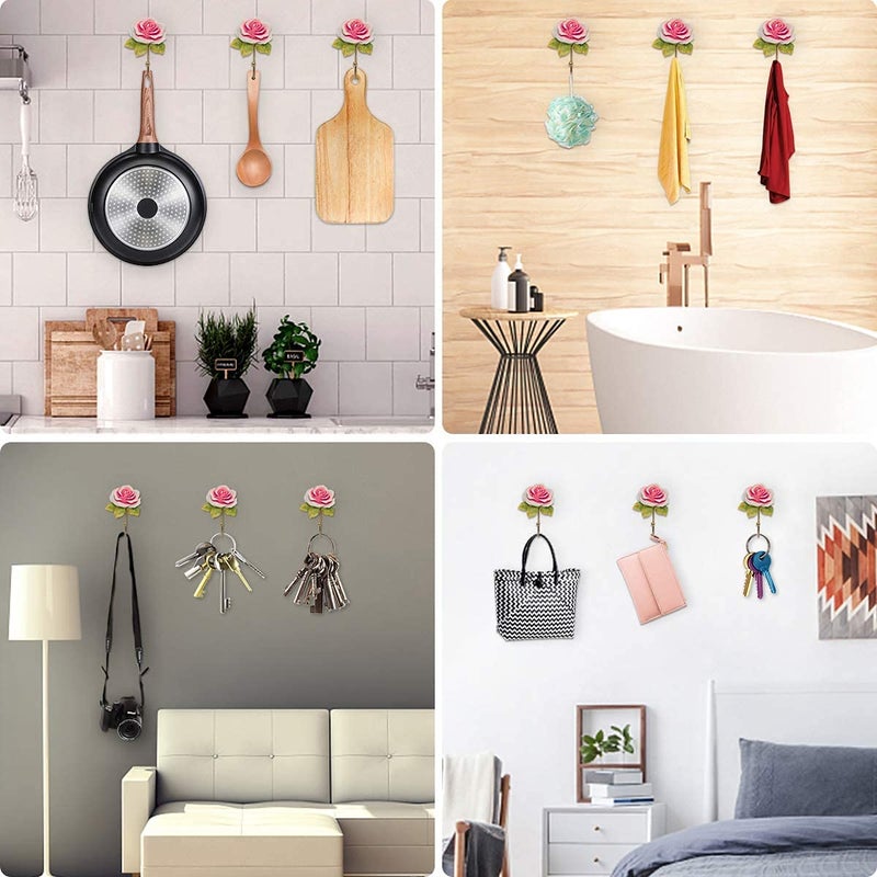 OPENDGO 3PCS Rose Resin Wall Hooks Wall Mounted Creative Flower Iron Hook for Hanging Coat/Hat/Key/Towel/Handbag Hooks/Hangers Room Wall Decor - Image 4