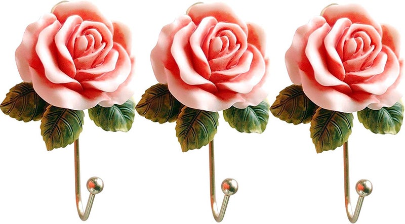 OPENDGO 3PCS Rose Resin Wall Hooks Wall Mounted Creative Flower Iron Hook for Hanging Coat/Hat/Key/Towel/Handbag Hooks/Hangers Room Wall Decor - Image 1