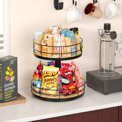 NANAGIFTREE Snack Organizer - Versatile Snack Storage 2 Tier Lazy Susan with Convenient Grab-and-Go Design, Wood and Metal Snack Holder for Home, Office, Breakroom, 12.13" L x 12.13" W x 12.56" H - Image 5