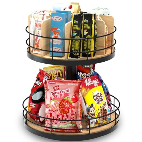 NANAGIFTREE Snack Organizer - Versatile Snack Storage 2 Tier Lazy Susan with Convenient Grab-and-Go Design, Wood and Metal Snack Holder for Home, Office, Breakroom, 12.13" L x 12.13" W x 12.56" H - Image 1