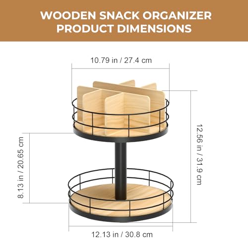 NANAGIFTREE Snack Organizer - Versatile Snack Storage 2 Tier Lazy Susan with Convenient Grab-and-Go Design, Wood and Metal Snack Holder for Home, Office, Breakroom, 12.13" L x 12.13" W x 12.56" H - Image 2