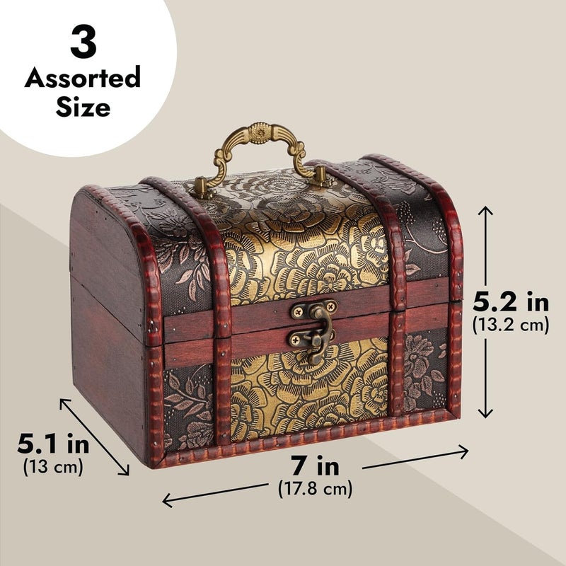 Juvale Set of 3 Vintage Style Wooden Treasure Chest Boxes with Flower Motif - Image 3