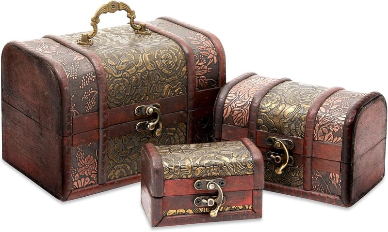 Juvale Set of 3 Vintage Style Wooden Treasure Chest Boxes with Flower Motif - Image 1