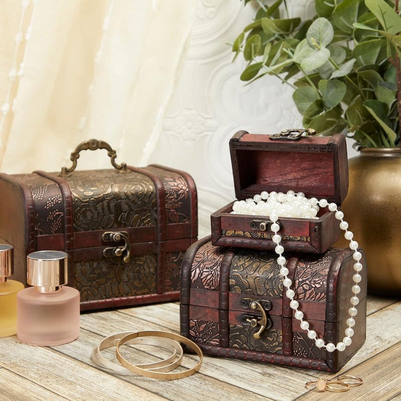 Juvale Set of 3 Vintage Style Wooden Treasure Chest Boxes with Flower Motif - Image 2