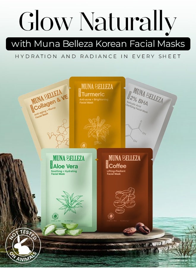 Muna Belleza - Korean Facial Mask Sheet Pack of 5 - Hydrating and Moisturizing for Fresh Skin Care, Suitable for All Skin Types - Image 1