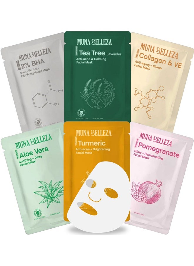 Muna Belleza Korean Facial Mask Sheet Pack of 6 - Hydrating and Moisturizing for Fresh Skin Care, Suitable for All Skin Types 