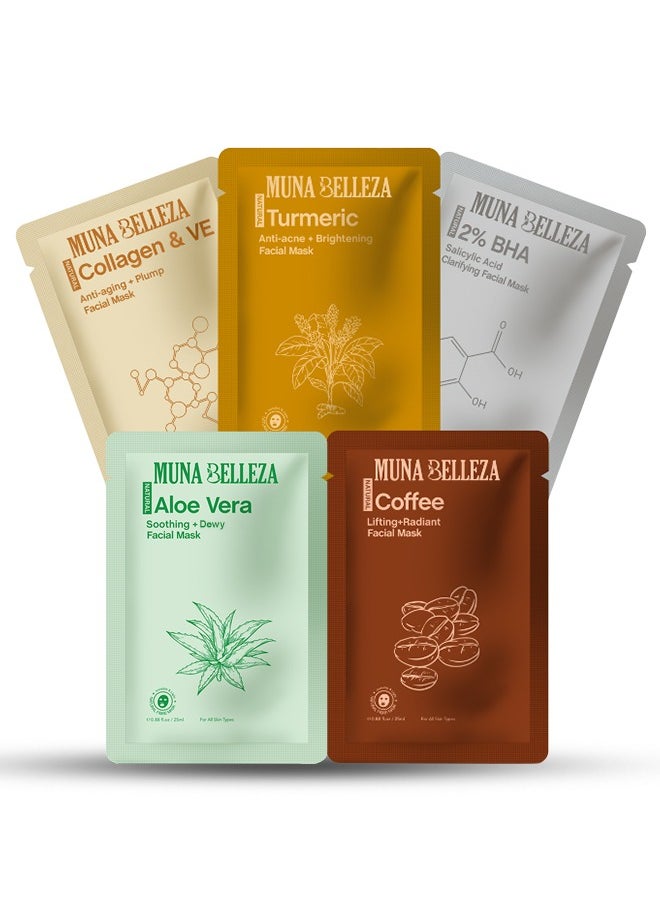 Muna Belleza Korean Facial Mask Sheet Pack of 5 - Hydrating and Moisturizing for Fresh Skin Care, Suitable for All Skin Types 