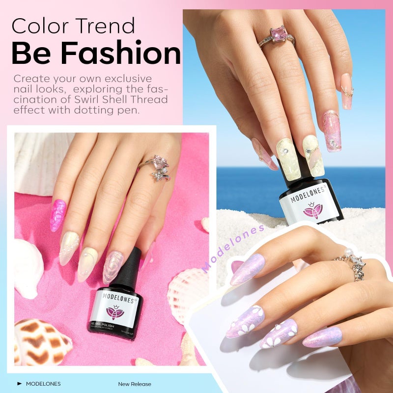 modelones Pearl Gel Nail Polish Set, 6 Colors Ocean Shimmer White Hot Pink Purple Blue Green Mermaid Glitter Gel Polish Soak Off Nail Drawing Swirl Shell Thread Effect DIY Gift - Image 3