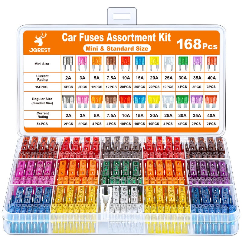 JOREST 168 Pcs Car Fuse Assorted Kit, 114 Mini Blade + 54 Standard+ 1Pullers - 11 Specifications Mixed Auto Fuse: 2Amp 3A 5A 7.5A 10A 15A 20A 25A 30A 35A 40A - Image 1