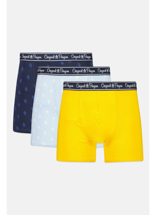 Men 3 Pieces All Over Print Boxer Briefs, Navy/Yellow/Light Blue