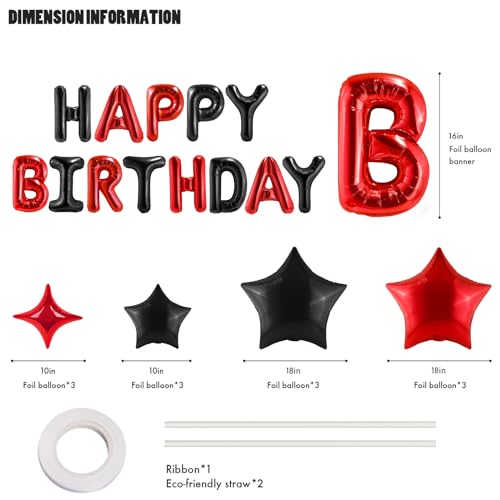 CANREVEL Happy Birthday Banner 13pcs 16 Inch Mylar Foil Letters with 12pcs Star Balloons Birthday Party Decorations for Kids and Adults - 3D Black Red - Image 2