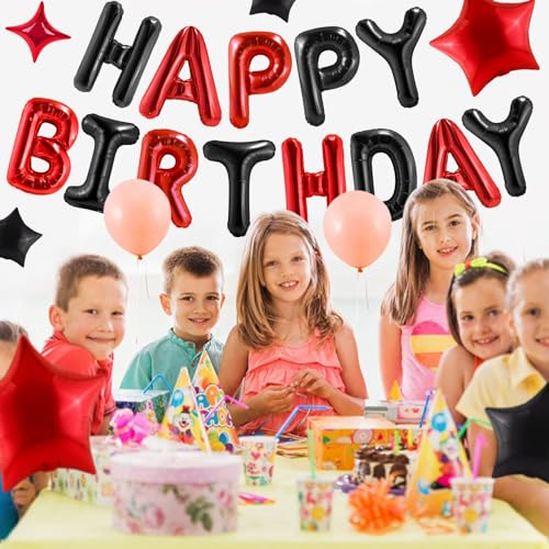 CANREVEL Happy Birthday Banner 13pcs 16 Inch Mylar Foil Letters with 12pcs Star Balloons Birthday Party Decorations for Kids and Adults - 3D Black Red - Image 4