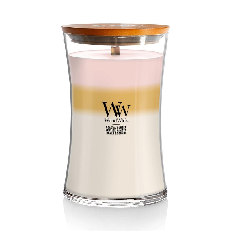 WoodWick Island Getaway Scented Trilogy Large Hourglass Candle Crackles at it Burns Great for gifting 21oz