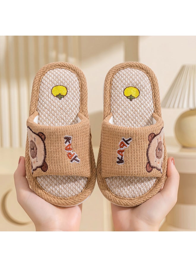 Yiwu Warehouse - Children's Linen Cotton Slippers For Spring And Autumn, Cartoon Cute Non-slip Soft Sole Parent-child Home Capybara Slippers