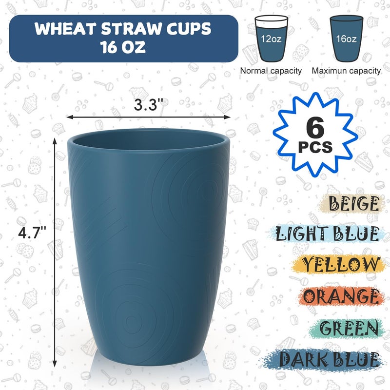 Perlapoc Wheat Straw Cups, Plastic Cups Reusable, Unbreakable Drinking Glasses Set of 6, Plastic Cups for Kitchen Camping Outdoor, 16 OZ Dishwasher Safe Tumblers & Water Glasses, Multi - Image 3