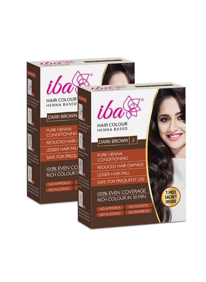 Iba Hair Colour For Women - Dark Brown, 70G (Pack Of 2) | 100% Pure Henna Based Powder Sachet | Natural Hair Colour & Long Lasting With Conditioning Formula| Reduced Hair Fall & Hair Damage | Shine & Nourish Hair | Free From Ammonia And Other Harmful Chemicals | Herbal Hair Powder For Hair Colour | Dark Brown Henna 