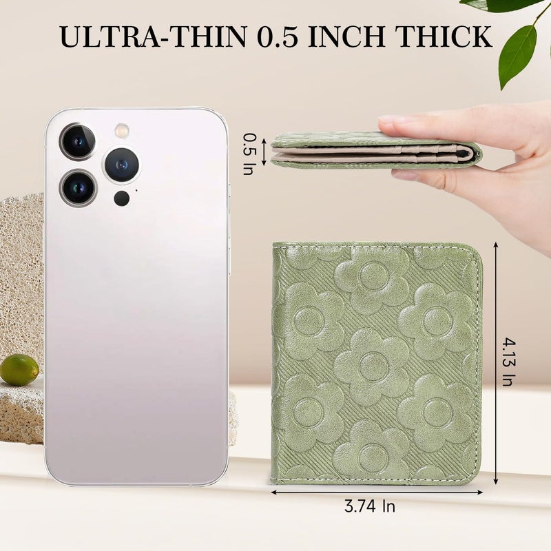 VIMUTI Womens Wallet,Slim Small Wallet Women RFID Bifold Compact Wallets for Women 3D Embossed Leather Wallet with ID Credit Card Holder Zipper Coin Pocket Green - Image 2