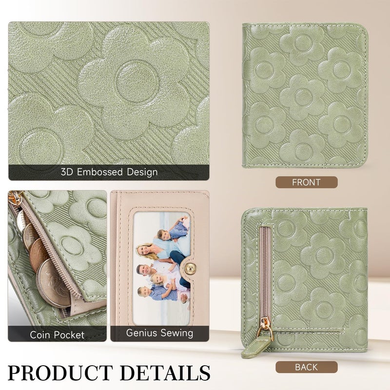 VIMUTI Womens Wallet,Slim Small Wallet Women RFID Bifold Compact Wallets for Women 3D Embossed Leather Wallet with ID Credit Card Holder Zipper Coin Pocket Green - Image 3