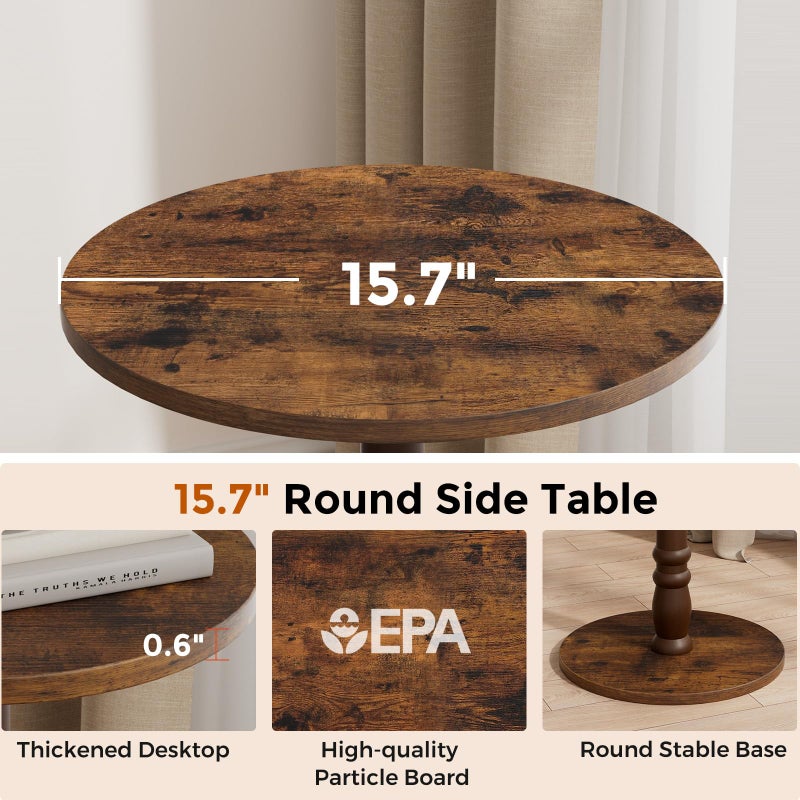 Homleke 16" Round Side Tables, Solid Wood Pillar with Wood Top & Base, Small Drink Accent Table for Living Room, Bedroom, Sofa & Office, Easy Assembly, Rustic Brown - Image 5