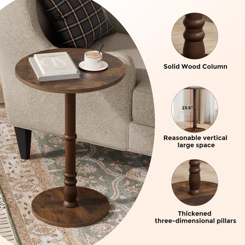 Homleke 16" Round Side Tables, Solid Wood Pillar with Wood Top & Base, Small Drink Accent Table for Living Room, Bedroom, Sofa & Office, Easy Assembly, Rustic Brown - Image 4