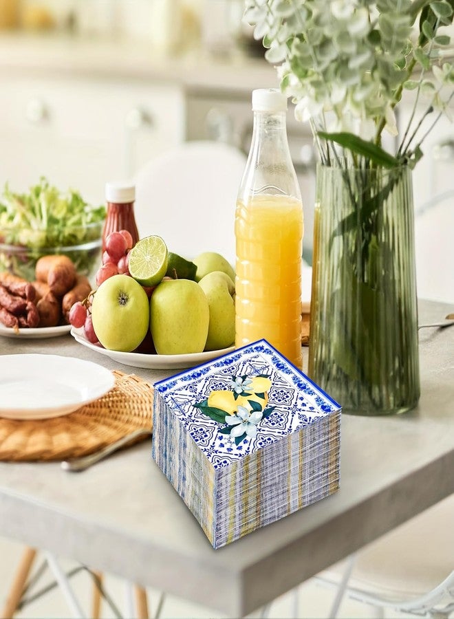 HSPAIDYP 50Pack Capri Lemon Napkins Blue Tiles Yellow Lemon Napkin CapriLemon Citrus Fruit Paper Napkins Capri Lemons Napkins for Baby Shower Lemon Italian Theme Birthday Party Decor (Blue) - Image 3
