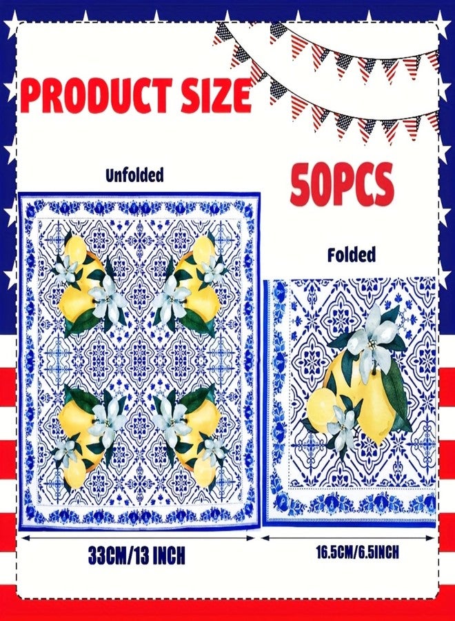 HSPAIDYP 50Pack Capri Lemon Napkins Blue Tiles Yellow Lemon Napkin CapriLemon Citrus Fruit Paper Napkins Capri Lemons Napkins for Baby Shower Lemon Italian Theme Birthday Party Decor (Blue) - Image 2