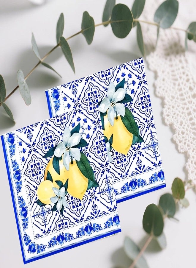 HSPAIDYP 50Pack Capri Lemon Napkins Blue Tiles Yellow Lemon Napkin CapriLemon Citrus Fruit Paper Napkins Capri Lemons Napkins for Baby Shower Lemon Italian Theme Birthday Party Decor (Blue) - Image 5