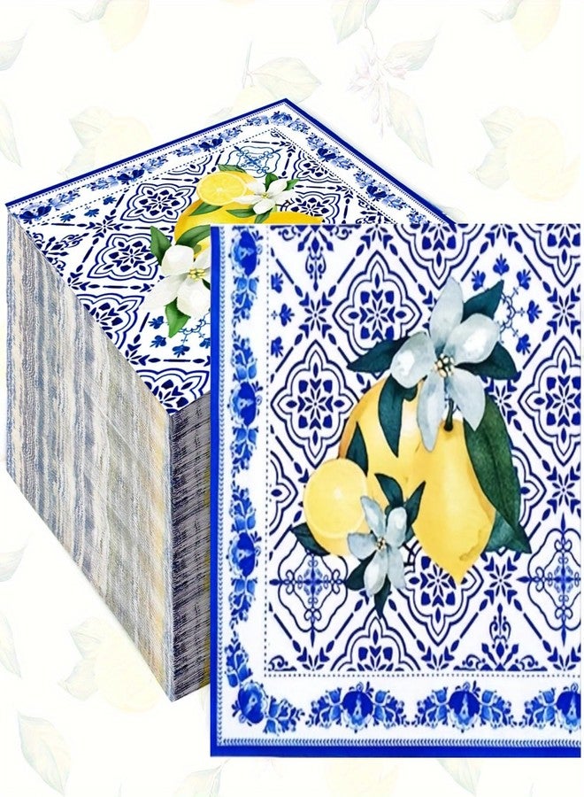 HSPAIDYP 50Pack Capri Lemon Napkins Blue Tiles Yellow Lemon Napkin CapriLemon Citrus Fruit Paper Napkins Capri Lemons Napkins for Baby Shower Lemon Italian Theme Birthday Party Decor (Blue) - Image 1