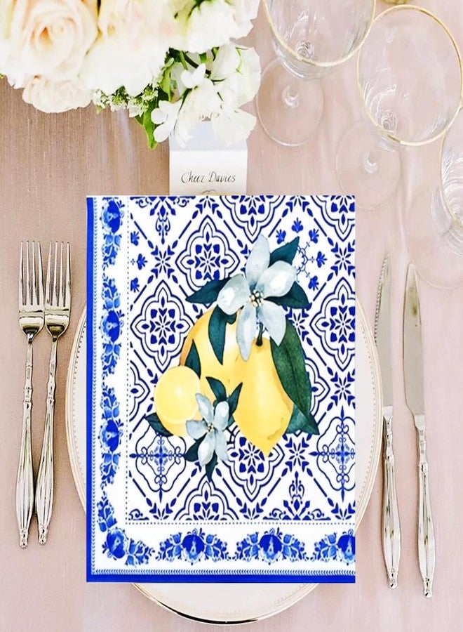 HSPAIDYP 50Pack Capri Lemon Napkins Blue Tiles Yellow Lemon Napkin CapriLemon Citrus Fruit Paper Napkins Capri Lemons Napkins for Baby Shower Lemon Italian Theme Birthday Party Decor (Blue) - Image 4