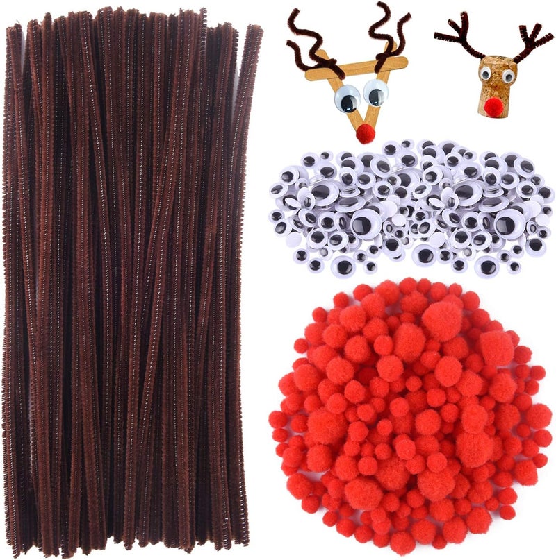 Tuparka 650 Pcs Christmas Reindeer DIY Craft Set, Including 70 Pcs Brown Pipe Cleaners Chenille, 320 Pcs Googly Eyes, 260 Pcs Red Pom Poms Pompoms Red Noses for Craft - Image 1