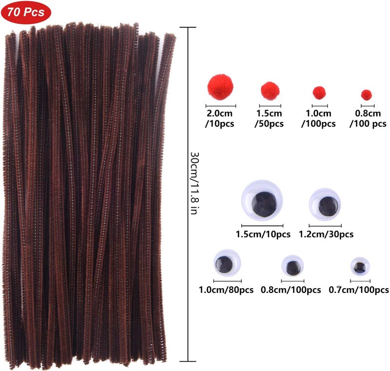 Tuparka 650 Pcs Christmas Reindeer DIY Craft Set, Including 70 Pcs Brown Pipe Cleaners Chenille, 320 Pcs Googly Eyes, 260 Pcs Red Pom Poms Pompoms Red Noses for Craft - Image 2