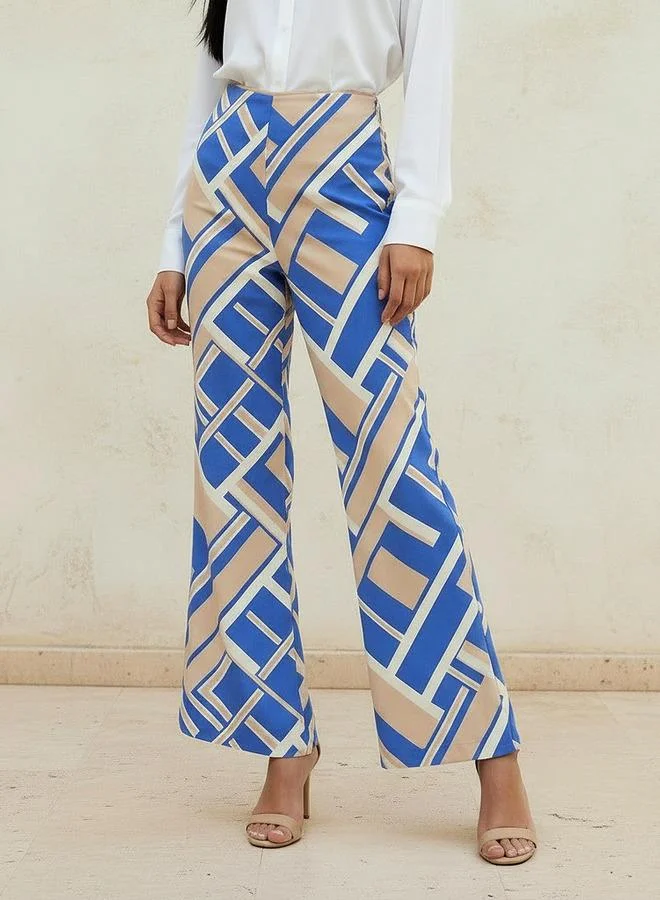 Iconic Iconic High Waist Geometric Print Viscose Wide Leg Pants