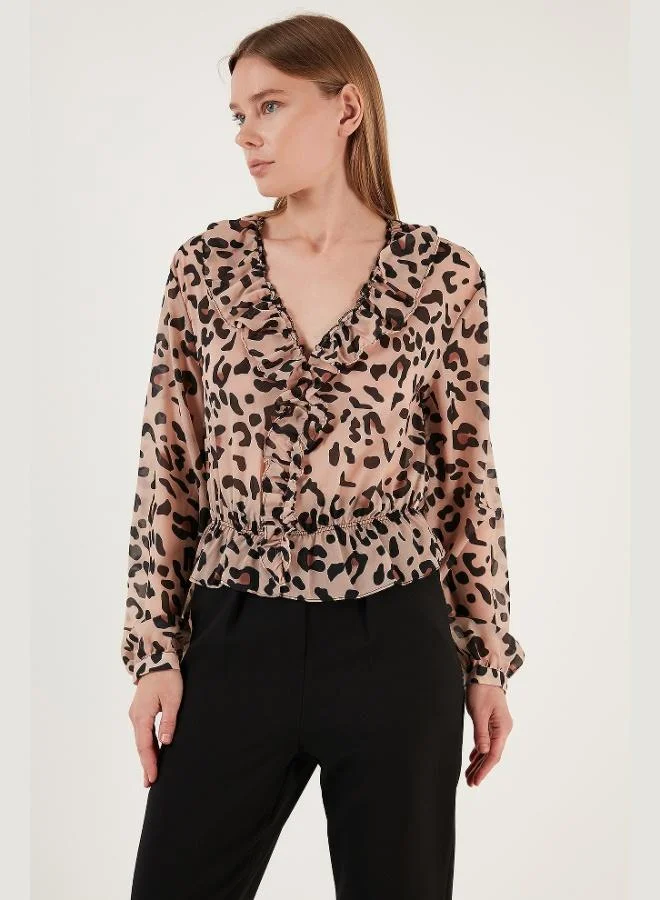 Lela  Lela Leopard Patterned Ruffle V-Neck Tulle Blouse Women's BLOUSE 611KB2034 for Women | Best Price UAE