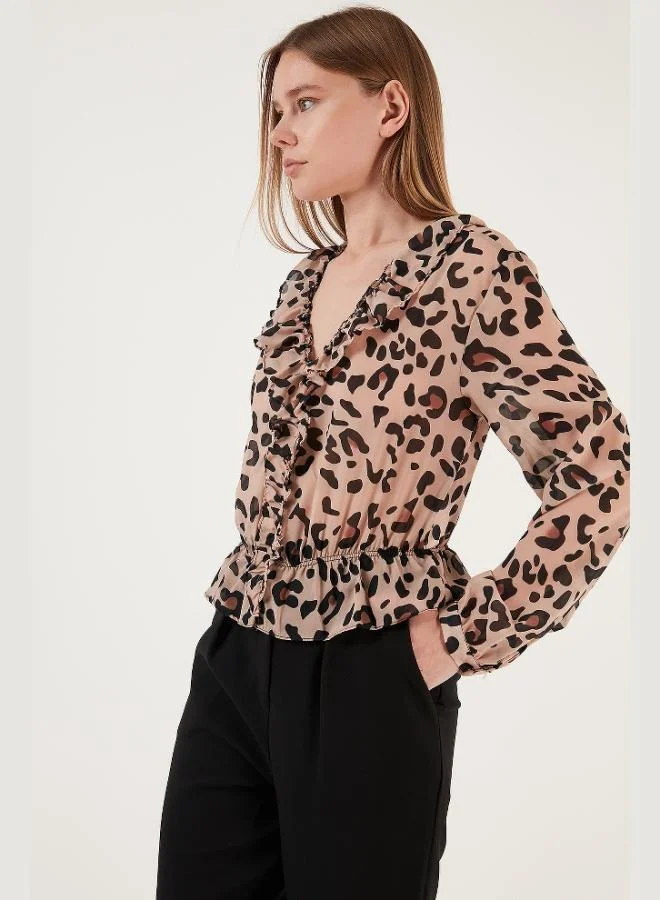 Lela  Lela Leopard Patterned Ruffle V-Neck Tulle Blouse Women's BLOUSE 611KB2034 for Women | Best Price UAE