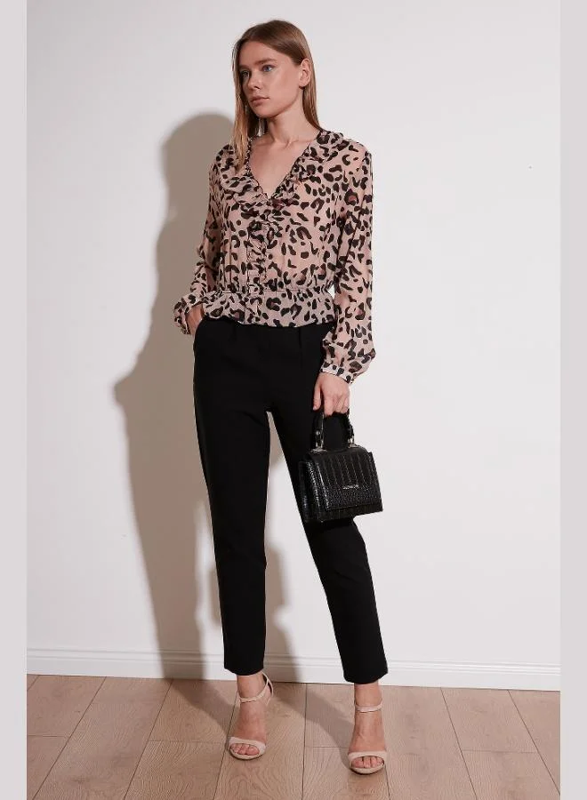 Lela Lela Leopard Patterned Ruffle V-Neck Tulle Blouse Women's BLOUSE 611KB2034