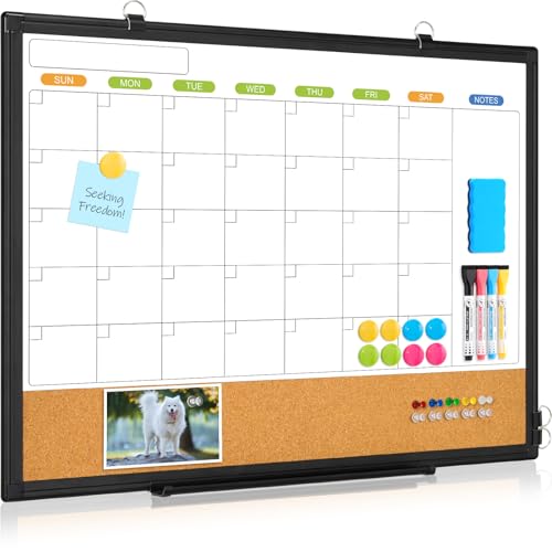 WALGLASS Dry Erase Calendar Whiteboard for Wall, WALGLASS 24" x 18" Double-Sided Monthly Calendar White Board Cork Combo, Black Aluminum Frame Hanging Wall Mounted Bulletin Corkboards for Home, Office, School - Image 1