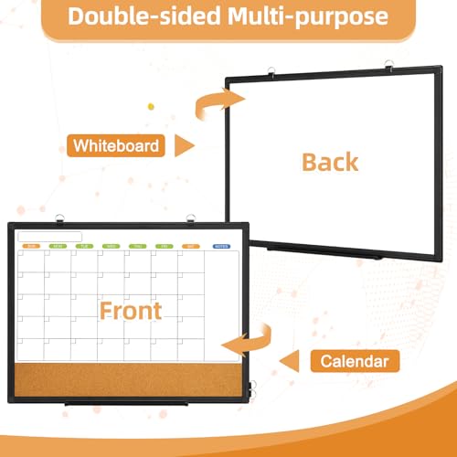 WALGLASS Dry Erase Calendar Whiteboard for Wall, WALGLASS 24" x 18" Double-Sided Monthly Calendar White Board Cork Combo, Black Aluminum Frame Hanging Wall Mounted Bulletin Corkboards for Home, Office, School - Image 3