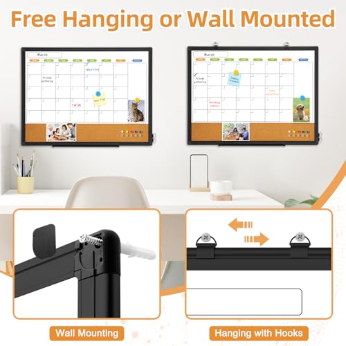 WALGLASS Dry Erase Calendar Whiteboard for Wall, WALGLASS 24" x 18" Double-Sided Monthly Calendar White Board Cork Combo, Black Aluminum Frame Hanging Wall Mounted Bulletin Corkboards for Home, Office, School - Image 5