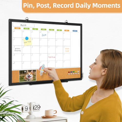 WALGLASS Dry Erase Calendar Whiteboard for Wall, WALGLASS 24" x 18" Double-Sided Monthly Calendar White Board Cork Combo, Black Aluminum Frame Hanging Wall Mounted Bulletin Corkboards for Home, Office, School - Image 4