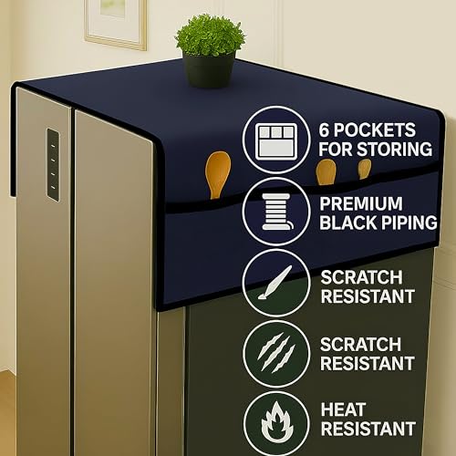 Fancy Walas Refrigerator Double Door Waterproof, Dustproof, Refrigerator Top Cover, Protective Covers for Fridges with Extra Storage Space Nylon Top Cover with 6 Storage Pocket (Navy Blue,170 x 65 cm) - Image 4