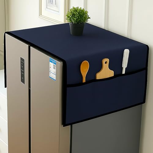 Fancy Walas Refrigerator Double Door Waterproof, Dustproof, Refrigerator Top Cover, Protective Covers for Fridges with Extra Storage Space Nylon Top Cover with 6 Storage Pocket (Navy Blue,170 x 65 cm) - Image 1