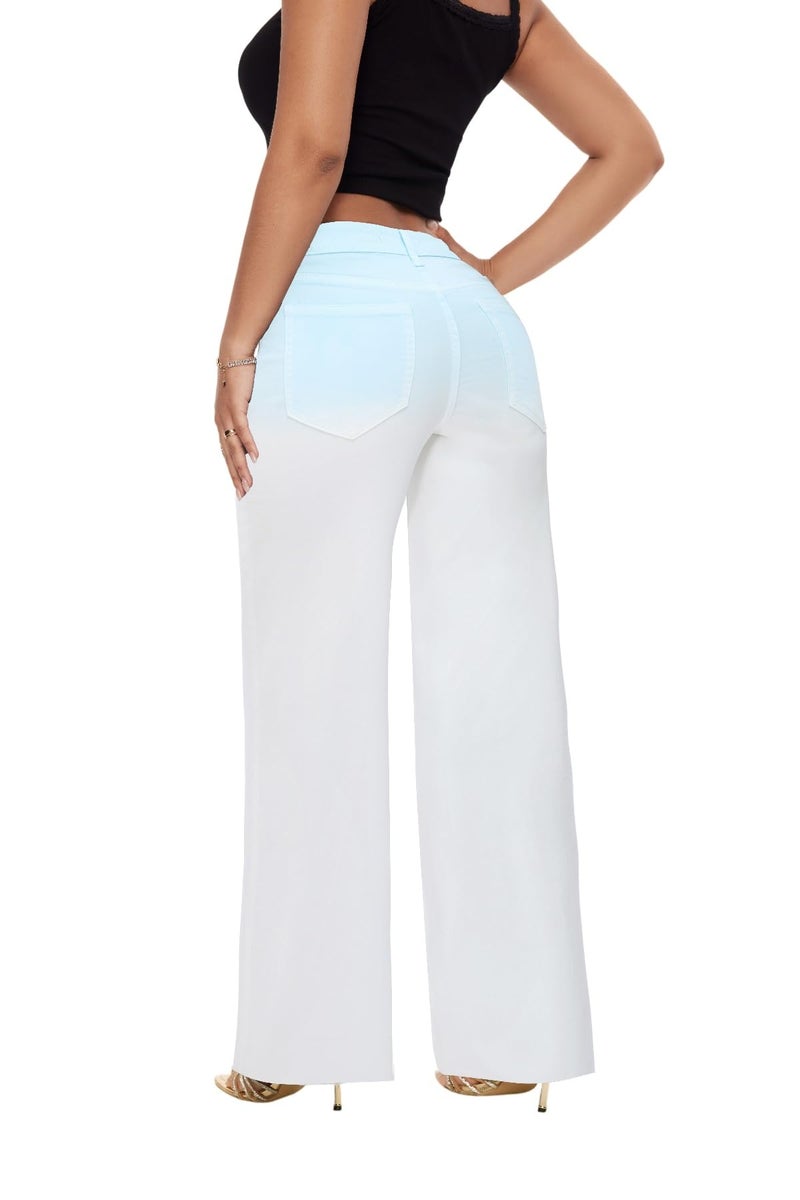 ONESO Mid-Low Rise Baggy Jeans Wide Leg for Women Distressed Pants Stretchy Bottom Lady Basic Comfortable Denim Blue-White - Image 4